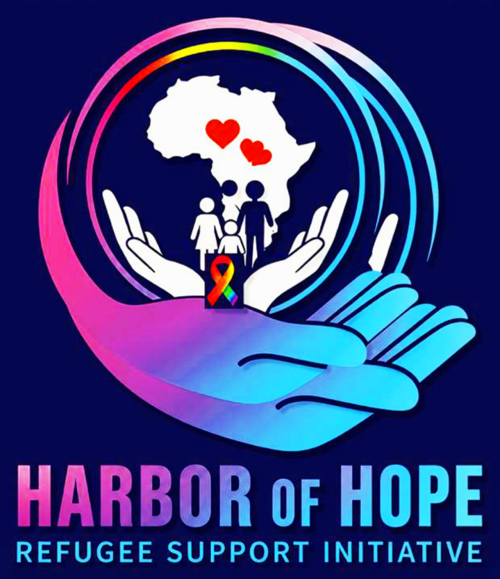 Official Harbor of Hope Refugee Support Initiative logo: protective hands, an Africa silhouette, hearts, people, and rainbow colors